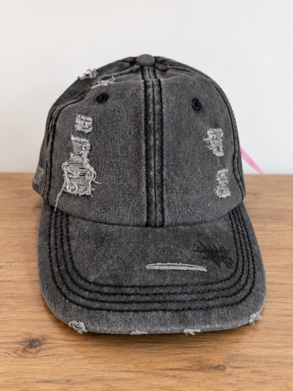 Women's Distressed Ponytail Baseball Cap Charcoal Gray Black NWT